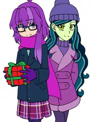 Size: 876x1167 | Tagged: safe, artist:fantasygerard2000, derpibooru import, oc, oc:belladonna nightshade, oc:magus eveningstar, unofficial characters only, equestria girls, beanie, christmas, clothes, coat, glasses, hat, holiday, jacket, pantyhose, pleated skirt, present, simple background, skirt, smiling, white background