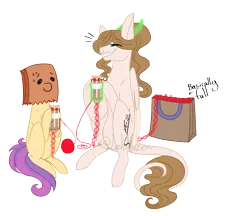 Size: 905x781 | Tagged: safe, artist:lochmonsta, derpibooru import, oc, oc:paper bag, unofficial characters only, bicorn, earth pony, pegasus, pony, duo, duo female, female, helping, horn, knitting, magic, mare, multiple horns, nose piercing, nose ring, paper bag, piercing, sharp teeth, simple background, sitting, teeth, transparent background