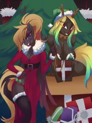 Size: 1280x1707 | Tagged: suggestive, artist:averageocporn, derpibooru import, oc, oc:harley, oc:saint star, anthro, pegasus, antlers, bikini, breasts, christmas, christmas tree, clothes, collar, commission, costume, female, females only, femdom, femsub, hand on hip, hat, holiday, leash, lipstick, looking at you, pet play, present, red nose, reindeer antlers, santa costume, santa hat, smiling, socks, stockings, submissive, swimsuit, thigh highs, tree