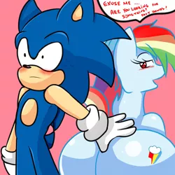 Size: 2000x2000 | Tagged: suggestive, artist:soul-yagami64, derpibooru import, rainbow dash, pegasus, pony, blushing, butt, crossover, crossover shipping, female, interspecies, male, open mouth, plot, shipping, simple background, sonic the hedgehog, sonic the hedgehog (series), sonicdash, speech bubble, straight, talking