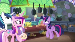 Size: 1280x720 | Tagged: safe, derpibooru import, screencap, princess cadance, princess flurry heart, shining armor, twilight sparkle, twilight sparkle (alicorn), alicorn, pony, best gift ever, cake, cauldron, family, female, filly, foal, food, frying pan, kitchen, male, mare, oven, pudding, puddinghead's pudding, rolling pin, stallion, table
