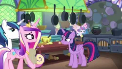 Size: 1280x720 | Tagged: safe, derpibooru import, screencap, princess cadance, princess flurry heart, shining armor, twilight sparkle, twilight sparkle (alicorn), alicorn, pony, best gift ever, cauldron, family, female, filly, flour, flying, foal, food, frying pan, male, mare, oven, pudding, puddinghead's pudding, rolling pin, stallion, table