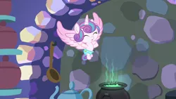Size: 1280x720 | Tagged: safe, derpibooru import, screencap, princess flurry heart, alicorn, pony, best gift ever, baby, baby pony, cauldron, cloth diaper, diaper, eyes closed, female, filly, flying, foal, food, kitchen, pudding, puddinghead's pudding, safety pin, solo, spread wings, wings