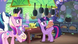 Size: 1280x720 | Tagged: alicorn, best gift ever, cake, derpibooru import, food, frying pan, kitchen, oven, pot, princess cadance, princess flurry heart, rolling pin, safe, screencap, shining armor, table, twilight sparkle, twilight sparkle (alicorn)