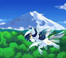 Size: 2700x2400 | Tagged: safe, artist:owlity, derpibooru import, oc, oc:wistful galaxy, unofficial characters only, bat pony, pony, bat pony oc, bat wings, female, flying, mare, mountain, scenery, smiling, solo, wings