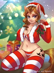 Size: 1111x1489 | Tagged: suggestive, artist:ollyyuu, artist:rexiwiksi, derpibooru import, oc, unofficial characters only, anthro, unicorn, anthro oc, bra, breasts, christmas, christmas tree, clothes, collaboration, costume, female, hat, holiday, kneeling, looking at you, mare, panties, present, santa costume, santa hat, sexy, sexy santa costume, signature, sitting, smiling, smirk, socks, solo, solo female, striped socks, tree, underwear