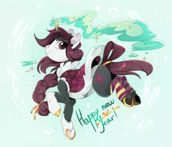 Size: 1924x1644 | Tagged: safe, artist:pinle, derpibooru import, oc, unofficial characters only, pony, unicorn, abstract background, braid, brown eyes, brown hair, cape, cloak, clothes, cloven hooves, colored horn, cute, ear piercing, earring, female, frog (hoof), hairband, happy new year, holiday, horn, horseshoes, jewelry, leg warmers, looking back, magic, magic aura, mare, new year, piercing, ponytail, smiling, smoke, socks, socks (coat marking), solo, sparkles, striped socks, stud, studs, tail band, underhoof