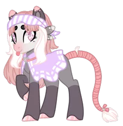 Size: 698x711 | Tagged: safe, artist:acervine, derpibooru import, oc, oc:posey possum, unofficial characters only, hybrid, opossum, opossum pony, original species, pony, bow, cape, cloak, clothes, cute, dappled, female, freckles, headband, hoof polish, leonine tail, mare, one hoof raised, pink eyes, pink hair, rat tail, simple background, solo, spots, tail bow, tongue out, transparent background