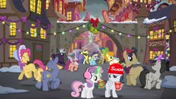 Size: 1405x789 | Tagged: safe, artist:jawsandgumballfan24, derpibooru import, edit, edited screencap, screencap, octavia melody, rumble, sweetie belle, earth pony, pegasus, pony, unicorn, beanie, canterlot, chocolate, christmas, christmas lights, clothes, colt, cup, earmuffs, female, filly, food, hat, holiday, hot chocolate, male, mug, rumbelle, shipping, snow, straight, supreme, wreath