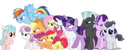 Size: 2500x1014 | Tagged: semi-grimdark, artist:jawsandgumballfan24, derpibooru import, edit, apple bloom, applejack, cozy glow, fluttershy, rainbow dash, rarity, rumble, scootaloo, starlight glimmer, sweetie belle, thunderlane, twilight sparkle, earth pony, pegasus, pony, unicorn, abuse, abuse edit, black eye, bully, bullying, colt, cozybuse, crying, cutie mark crusaders, female, filly, male, mare, now you fucked up, rumblebuse, simple background, stallion, this will end in pain, this will end in school shooting, transparent background