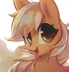 Size: 1351x1404 | Tagged: safe, artist:mirroredsea, derpibooru import, applejack, earth pony, pony, abstract background, bust, cute, eye clipping through hair, female, hatless, jackabetes, looking at you, mare, missing accessory, open mouth, smiling, solo