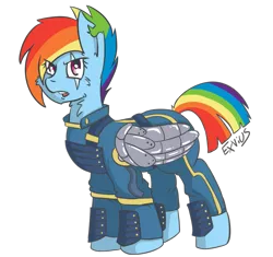 Size: 1069x1006 | Tagged: safe, artist:exvius, derpibooru import, rainbow dash, pegasus, pony, alternate timeline, amputee, apocalypse dash, artificial wings, augmented, clothes, crystal war timeline, female, prosthetic limb, prosthetic wing, prosthetics, scar, solo, torn ear, war, wings