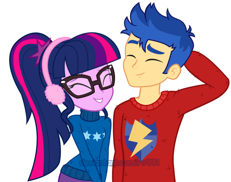 Size: 1280x1005 | Tagged: safe, artist:ro994, derpibooru import, flash sentry, sci-twi, twilight sparkle, equestria girls, equestria girls series, clothes, couple, earmuffs, eyes closed, female, flashlight, glasses, grin, hand on head, male, ponytail, sciflash, shipping, simple background, smiling, straight, sweater, transparent background, vector, watermark
