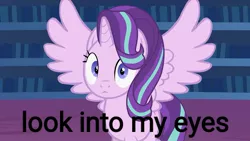 Size: 1280x720 | Tagged: safe, artist:forgalorga, derpibooru import, edit, starlight glimmer, alicorn, pony, alicornified, female, ghost rider, looking at you, mare, race swap, solo, spread wings, staring into your soul, starlicorn, text, text edit, wings, xk-class end-of-the-world scenario, youtube link