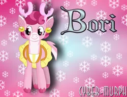 Size: 1760x1352 | Tagged: safe, artist:cyber-murph, derpibooru import, bori the reindeer, deer, pony, reindeer, best gift ever, bells, clothes, signature, snow, snowflake