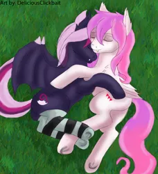 Size: 1280x1406 | Tagged: safe, artist:deliciousclickbait, derpibooru import, oc, oc:lilac mist, oc:luscious desire, unofficial characters only, bat pony, pony, bat pony oc, bat wings, clothes, commission, cuddling, cute, socks, striped socks, wings