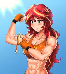 Size: 600x665 | Tagged: safe, artist:tzc, derpibooru import, sunset shimmer, human, equestria girls, abs, bicep, clothes, commission, female, flexing, humanized, measuring tape, muscles, muscular female, smiling, sports bra, sunset lifter