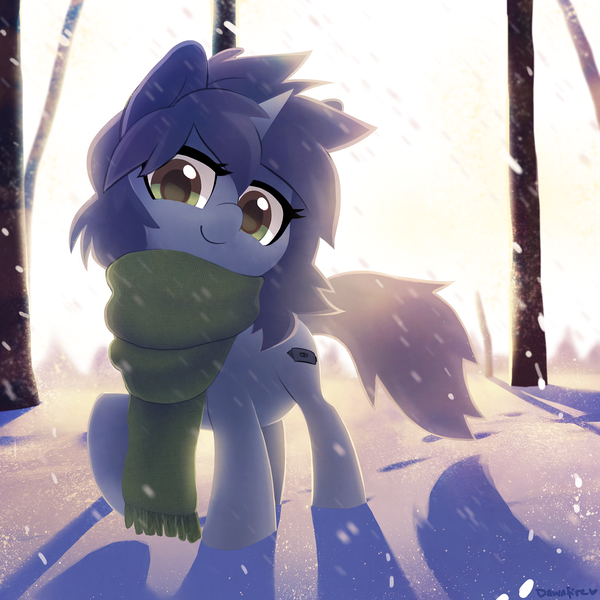 Size: 1800x1800 | Tagged: safe, artist:dawnfire, derpibooru import, oc, oc:kate, unofficial characters only, pony, unicorn, clothes, color porn, commission, cute, digital art, female, mare, ocbetes, outline highlights, scarf, signature, smiling, snow, solo, winter, ych result