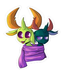 Size: 2285x2624 | Tagged: artist:spindlespice, blushing, brothers, changedling, changedling brothers, changeling, clothes, cute, derpibooru import, king thorax, male, pharybetes, pharynx, prince pharynx, safe, scarf, shared clothing, shared scarf, siblings, simple background, smiling, thorabetes, thorax, transparent background, unamused
