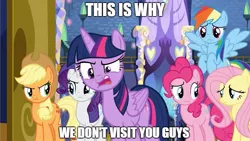 Size: 765x430 | Tagged: alicorn, applejack, derpibooru import, disgusted, edit, edited screencap, fame and misfortune, fluttershy, fourth wall, funny, mane six, meme, pinkie pie, rainbow dash, rarity, reaction image, safe, screencap, text, this is why aliens won't talk to us, twilight's castle, twilight sparkle, twilight sparkle (alicorn)