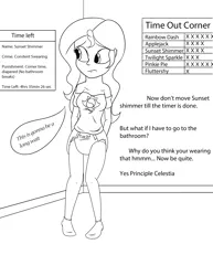 Size: 2550x3300 | Tagged: suggestive, artist:diaperednight, derpibooru import, sunset shimmer, equestria girls, breasts, diaper, diaper fetish, female, fetish, implied principal celestia, misspelling, monochrome, offscreen character, punishment, solo, time out
