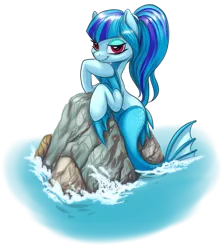 Size: 900x1010 | Tagged: artist:kovoranu, derpibooru import, female, looking at you, merpony, rock, safe, simple background, siren, solo, sonata dusk, transparent background, water