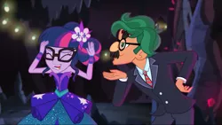 Size: 1280x720 | Tagged: safe, derpibooru import, screencap, sci-twi, timber spruce, twilight sparkle, equestria girls, legend of everfree, legend of everfree - bloopers, bare shoulders, clothes, dress, female, glasses, groucho marx psyche out, groucho mask, laughing, male, shipping, sleeveless, straight, strapless, suit, timbertwi
