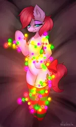 Size: 1200x2000 | Tagged: safe, artist:cornelia_nelson, derpibooru import, oc, oc:holly daze, unofficial characters only, earth pony, pony, bedroom eyes, bow, clothes, commission, cute, digital art, ear fluff, female, garland, looking at you, lying, mare, signature, smiling, smirk, socks, solo, tail bow, thigh highs, ych result