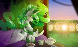 Size: 2184x1314 | Tagged: safe, artist:taiga-blackfield, derpibooru import, oc, oc:eos, unofficial characters only, alicorn, pony, alicorn oc, bedsheets, blanket, chest fluff, cloud, cookie, crossed hooves, cup, ear fluff, female, food, green eyes, horn, jewelry, large wings, mare, plate, prone, regalia, sky, smiling, solo, spread wings, sunrise, table, teacup, teapot, wings