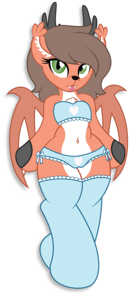 Size: 1600x3632 | Tagged: questionable, alternate version, artist:digiqrow, deleted from derpibooru, derpibooru import, oc, oc:winter fawn, bat pony, deer, hybrid, semi-anthro, bandeau, bat ponified, bat wings, belly button, cameltoe, chest fluff, clothes, cloven hooves, fangs, female, pale belly, panties, race swap, simple background, socks, solo, solo female, stockings, thigh highs, tongue out, transparent background, underwear, wings