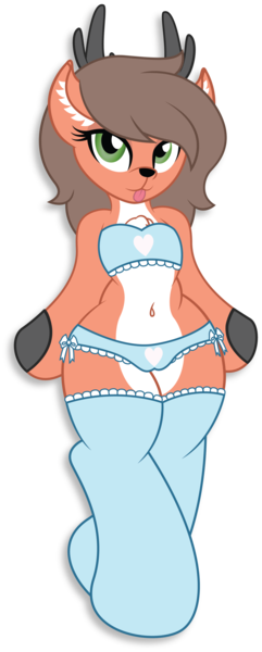 Size: 1456x3632 | Tagged: questionable, alternate version, artist:digiqrow, deleted from derpibooru, derpibooru import, oc, oc:winter fawn, deer, semi-anthro, bandeau, belly button, blue underwear, bra, cameltoe, chest fluff, clothes, cloven hooves, female, frilly underwear, heart, heart print underwear, pale belly, panties, ribbon, simple background, socks, solo, solo female, stockings, thigh highs, tongue out, transparent background, underwear