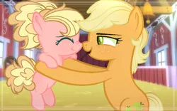 Size: 800x500 | Tagged: safe, artist:verona-5i, derpibooru import, applejack, oc, oc:jonathan apple, pony, boop, female, filly, hilding a pony, magical lesbian spawn, mother and child, mother and daughter, noseboop, offspring, parent:applejack, parent:pinkie pie, parents:applepie