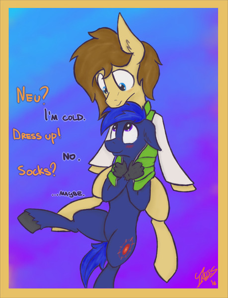 Size: 1280x1675 | Tagged: safe, artist:irdes, derpibooru import, oc, oc:fleet wing, oc:neutrino burst, hippogriff, pegasus, pony, blushing, clothes, cold, cuddling, dialogue, shirt, vest