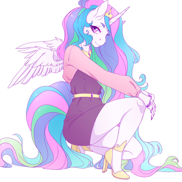 Size: 4000x4000 | Tagged: absurd resolution, alicorn, anthro, artist:fernybee, clothes, crown, derpibooru import, dress, female, high heels, jewelry, looking at you, mare, nail polish, peytral, plantigrade anthro, princess celestia, regalia, safe, shoes, simple background, solo, white background