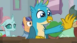 Size: 1920x1080 | Tagged: safe, derpibooru import, screencap, fine catch, gallus, ocellus, yona, changedling, changeling, gryphon, pony, yak, a rockhoof and a hard place, background pony, claws, cute, female, friendship student, gallabetes, male, solo focus, stallion