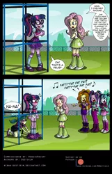 Size: 900x1397 | Tagged: safe, artist:niban-destikim, derpibooru import, adagio dazzle, aria blaze, fluttershy, juniper montage, sci-twi, sonata dusk, star swirl the bearded, twilight sparkle, equestria girls, spoiler:eqg specials, assisted exposure, blushing, bully, bullying, clothes, comic, embarrassed, embarrassed underwear exposure, humiliation, nelson muntz, panties, pantsing, patreon, patreon logo, simpsons did it, the dazzlings, the simpsons, this will end in school shooting, underwear, when you see it, white underwear