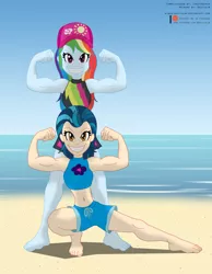 Size: 1000x1288 | Tagged: safe, artist:niban-destikim, derpibooru import, indigo zap, rainbow dash, equestria girls, equestria girls series, armpits, beach, belly button, biceps, clothes, commission, d-generation x, feet, female, flexing, indigo max, midriff, muscles, ocean, rainbuff dash, sand, showing off, smiling, swimsuit