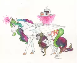 Size: 1024x843 | Tagged: safe, artist:sagastuff94, derpibooru import, princess celestia, oc, alicorn, draconequus, hybrid, pony, alicorn oc, cake, cakelestia, draconequus oc, female, foal, food, hoers, horn, interspecies offspring, jewelry, levitation, magic, mare, moon, mother and child, mother and daughter, mug, next generation, offspring, parent:discord, parent:princess celestia, parents:dislestia, pitcher, realistic anatomy, realistic horse legs, regalia, solo, telekinesis, traditional art, watercolor painting, wings