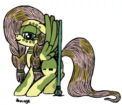 Size: 992x850 | Tagged: suggestive, artist:aracage, derpibooru import, fluttershy, pony, alternate timeline, bodypaint, chrysalis resistance timeline, colored sketch, looking at you, solo, spear, tribalshy, weapon