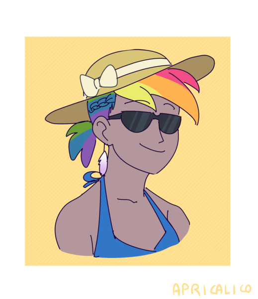 Size: 1280x1480 | Tagged: artist:feellikeaplat, derpibooru import, ear piercing, earring, hat, hippogriff, human, humanized, interspecies offspring, jewelry, magical lesbian spawn, oc, oc:rainbow feather, offspring, parent:gilda, parent:rainbow dash, parents:gildash, piercing, safe, solo, sunglasses, sun hat