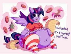 Size: 3522x2698 | Tagged: suggestive, artist:graphenescloset, derpibooru import, twilight sparkle, twilight sparkle (alicorn), alicorn, pony, series:twily christmas drive, abstract background, adorafatty, belly, belly button, big belly, clothes, cookie, crumbs, fat, female, food, glowing horn, high res, hoof on belly, hoof on hip, horn, incentive drive, levitation, magic, messy eating, obese, scroll, sitting, socks, solo, spread wings, squishy, striped socks, telekinesis, thigh highs, twilard sparkle, weight gain, wings