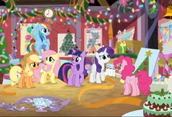 Size: 750x511 | Tagged: safe, derpibooru import, screencap, applejack, fluttershy, pinkie pie, rainbow dash, rarity, twilight sparkle, twilight sparkle (alicorn), alicorn, earth pony, pegasus, pony, best gift ever, the great escape room, cake, christmas decoration, cutie mark, female, food, jigsaw puzzle, mane six, mare, snow, snowflake, snowman