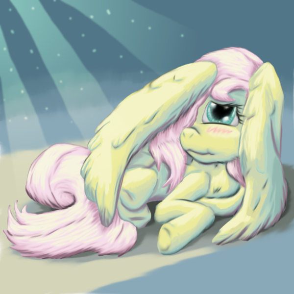 Size: 1584x1584 | Tagged: safe, artist:firefanatic, derpibooru import, fluttershy, pegasus, pony, blushing, covering, cute, digital art, dimples, female, fluffy, large wings, mare, prone, shy, shyabetes, smiling, solo, wing covering, wings