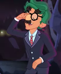 Size: 592x720 | Tagged: safe, derpibooru import, screencap, timber spruce, equestria girls, legend of everfree, legend of everfree - bloopers, clothes, cropped, glasses, groucho marx psyche out, groucho mask, male, solo, suit