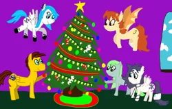 Size: 3648x2315 | Tagged: safe, artist:sb1991, derpibooru import, oc, oc:autumn wisher, oc:film reel, oc:neon green, oc:sparkle sprint, oc:yuri, bat pony, earth pony, pegasus, pony, bat pony oc, bat wings, challenge, christmas, christmas tree, cloud, equestria amino, holiday, not my ocs, tree, twelve days of christmas, wings