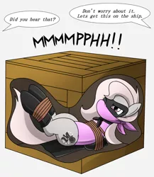 Size: 1300x1500 | Tagged: suggestive, artist:nivek15, derpibooru import, oc, oc:violet, pony, angry, arm behind back, bondage, bound and gagged, box tied, cape, cloth gag, clothes, crate, damsel in distress, dialogue, gag, hero, heroine, latex, leotard, muffled moaning, offscreen character, rope, rope bondage, simple background, tied up