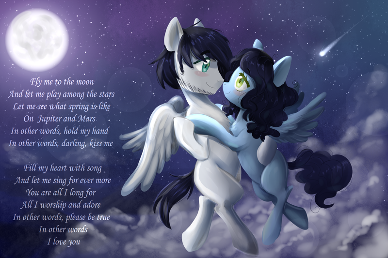 Size: 3000x2000 | Tagged: safe, artist:kaikururu, derpibooru import, oc, pegasus, pony, bayonetta, comet, couple, female, fly me to the moon, flying, frank sinatra, full moon, male, mare, moon, night, sky, song reference, stars