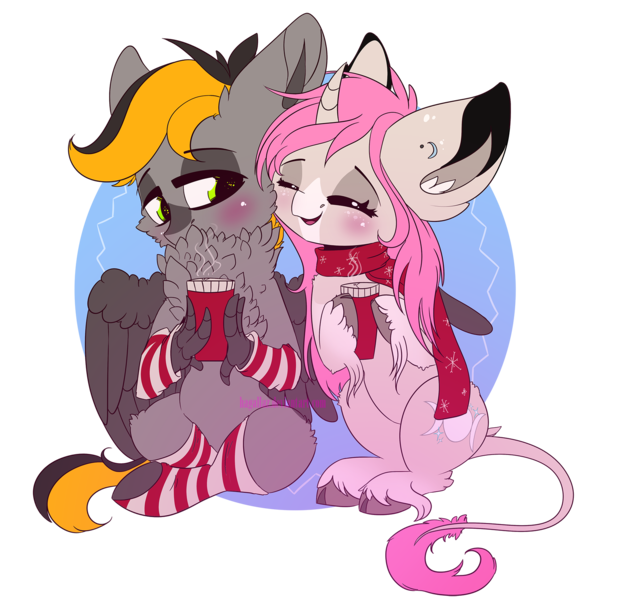 Size: 1794x1700 | Tagged: safe, artist:hagallaz, derpibooru import, oc, oc:digital import, oc:tarot, unofficial characters only, classical unicorn, hippogriff, pegasus, pony, unicorn, arm warmers, blushing, chest fluff, chocolate, claws, clothes, cloven hooves, coffee mug, commission, crossed legs, curved horn, cute, digital art, duo, ear fluff, ear piercing, eyes closed, female, floppy ears, food, horn, hot chocolate, leonine tail, long mane, male, mare, mug, oc x oc, palomino, piercing, pink mane, scarf, shipping, signature, simple background, sitting, snuggling, socks, solo, stallion, striped socks, talons, transparent background, unshorn fetlocks, wings, winter, ych result