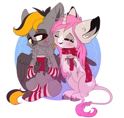 Size: 1794x1700 | Tagged: safe, artist:hagallaz, derpibooru import, oc, oc:digital import, oc:tarot, unofficial characters only, classical unicorn, hippogriff, pegasus, pony, unicorn, arm warmers, blushing, chest fluff, chocolate, claws, clothes, cloven hooves, coffee mug, commission, crossed legs, curved horn, cute, digital art, duo, ear fluff, ear piercing, eyes closed, female, floppy ears, food, horn, hot chocolate, leonine tail, long mane, male, mare, mug, oc x oc, palomino, piercing, pink mane, scarf, shipping, signature, simple background, sitting, snuggling, socks, solo, stallion, striped socks, talons, transparent background, unshorn fetlocks, wings, winter, ych result