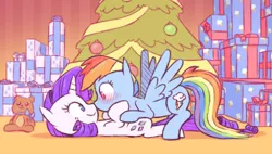 Size: 1051x599 | Tagged: safe, artist:raridashdoodles, derpibooru import, rainbow dash, rarity, pegasus, pony, unicorn, blushing, christmas, christmas tree, female, holiday, lesbian, looking at each other, mare, nuzzling, raridash, shipping, smiling, spread wings, teddy bear, tree, wings